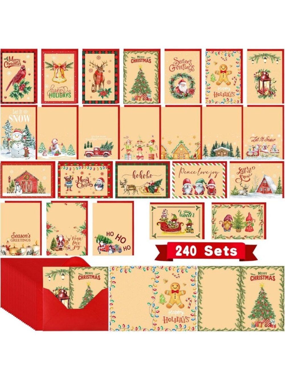 240 Sets Kraft Christmas Greeting Cards with Envelopes - Bulk Holiday Cards